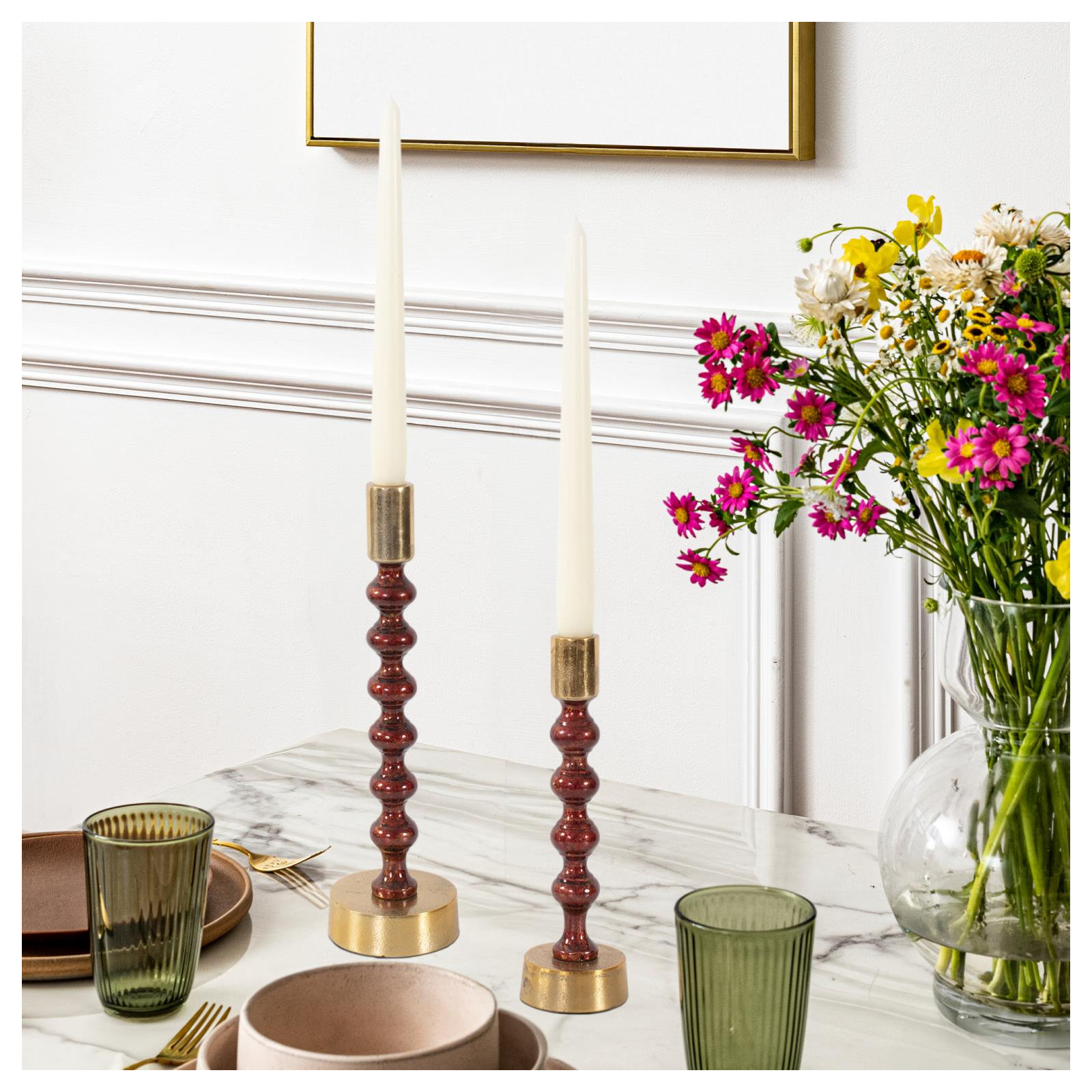 Sharma Crimson Gold Rounded Candlestick- Tall, 9" H x 3" W x 3" D