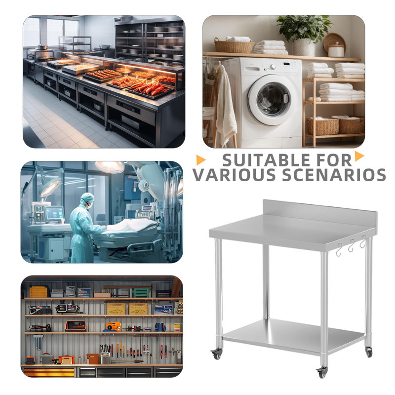 Prep Tables For Commercial Kitchen Steel Countertop With 2 Adjustable Tier Overshelves, 38" H x 36" L x 30" W