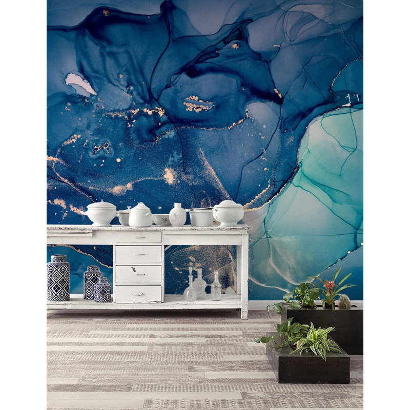 Papier peint amovible veines d'aspect or foncé et turquoise, L 48,96 po x l 75 po