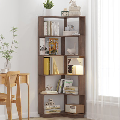 Bibliothèque de coin autoportante en forme de L à 6 niveaux pour le salon, la chambre à coucher, la bibliothèque en bois avec anti-basculement et anti-basculement