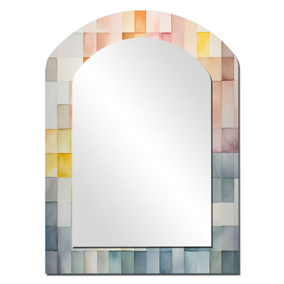 Multicolor cubes patterns II - Geometric Asymmetrical Decorative Mirror, Modern Arch Wall Mirror, Printed Metal Art