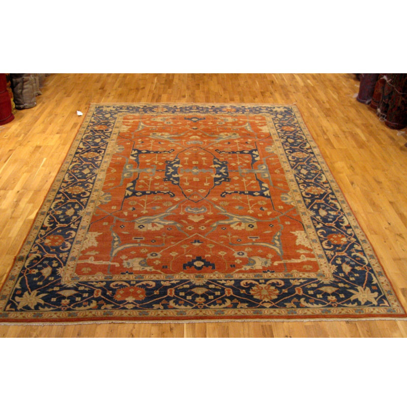 Tapis unique en laine noué à la main rouge / bleu / beige de 9 pi x 12 pi pakistanais