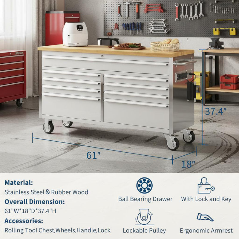 61 inch Rolling Tool Chest,  with 9 Drawers and Wheels