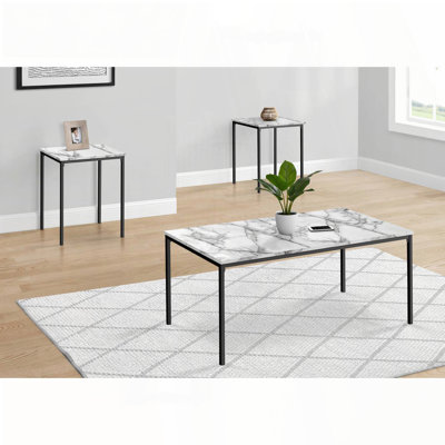 Ensemble de tables basses 3 pièces avec stratifié aspect marbre blanc et structure en métal noir