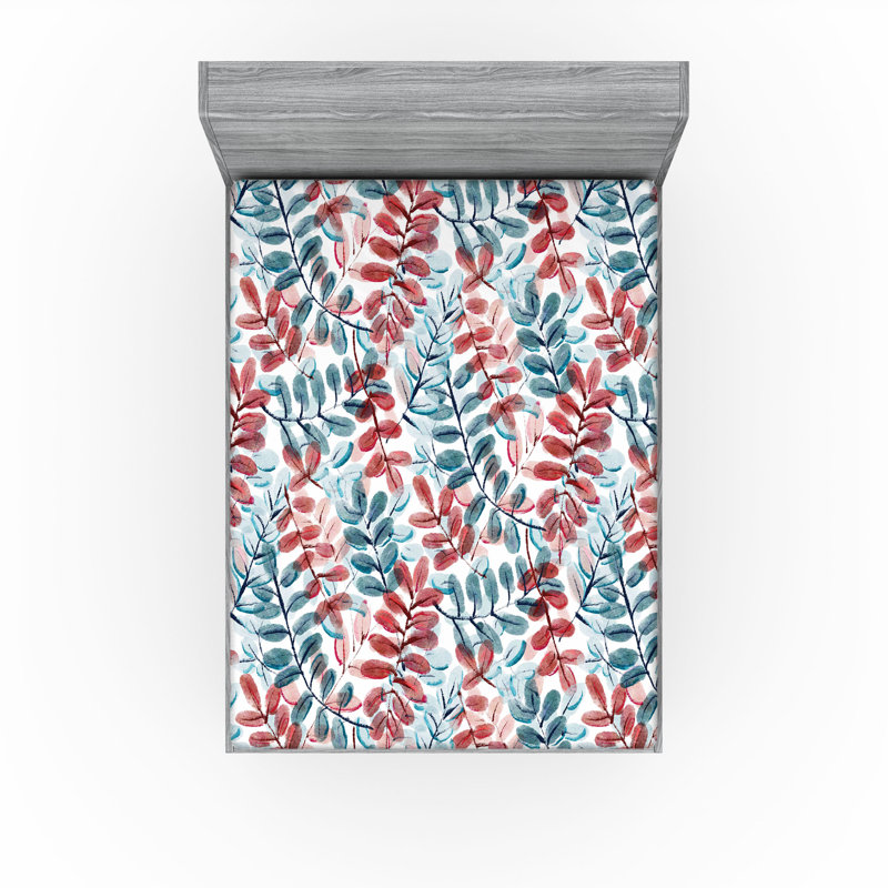 Drap-housse rustique Ambesonne, Drap-housse très grand californien, Blanc cassé, rubis, bleu cadet / floral