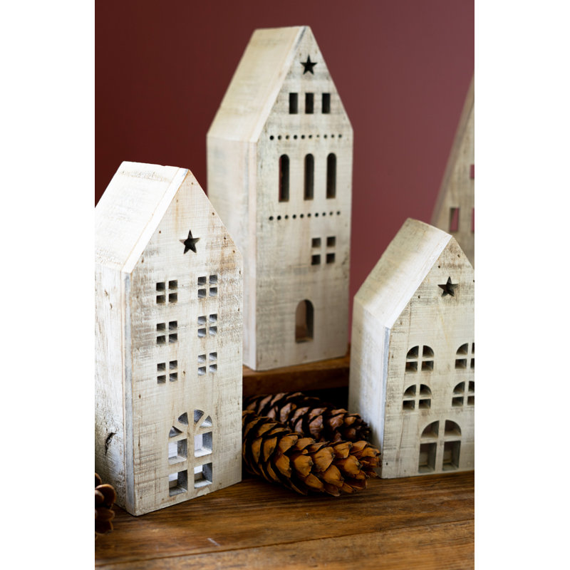 SET OF FIVE WOODEN VILLAGE - WHITEWASH