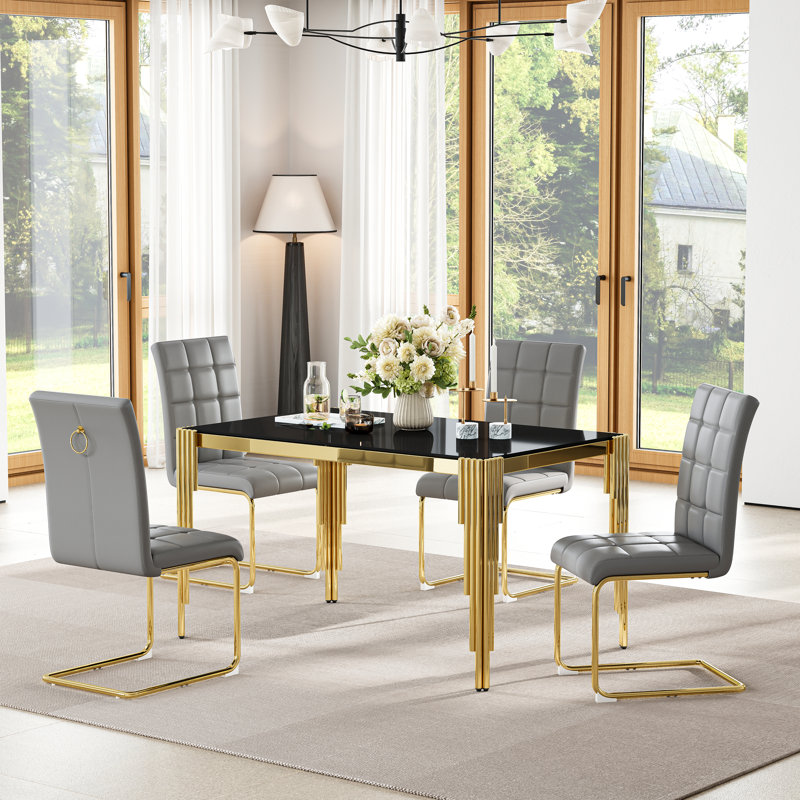 Modern Glass Dining Table Set Of 5, 52.76" Rectangular Tempered Glass Top, Polished Irregular Round Tube Stainless Steel Legs, 4 PU Leather Suspended Stainless Steel Frame Dining Chairs