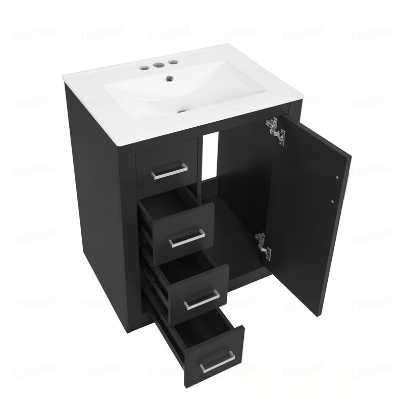 Meuble-lavabo avec lavabo en céramique intégré, armoire de salle de bain à 1 porte, 3 tiroirs, meuble-lavabo simple pour petite et moyenne salle de bain