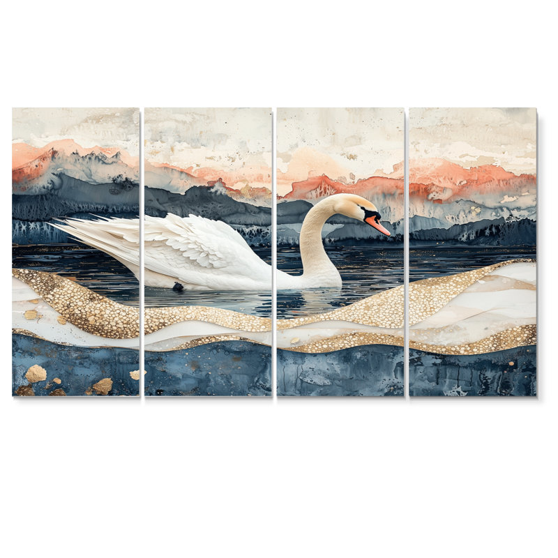 Marbre dansant du cygne V - Art mural animal cygnes - décoration murale moderne 4 pièces, H 28 po x l 48 po