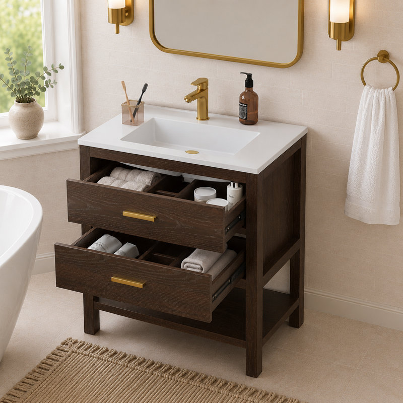 Meuble-lavabo simple 31 po en noyer avec surface en composite Aastha, 31"