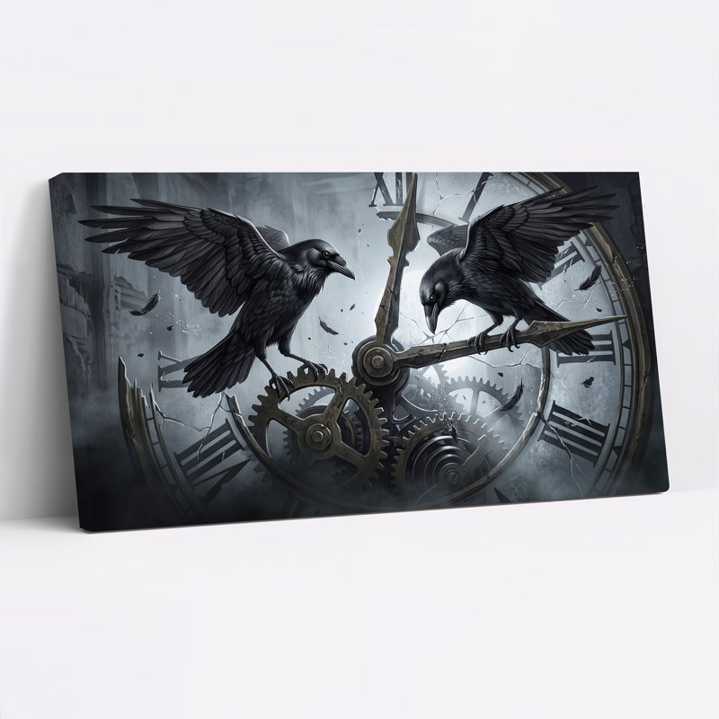 Deux corbeaux noirs sur des engrenages d'horloge brisés - Décoration murale sur toile pour l'Halloween, L 46 po x H 24 po