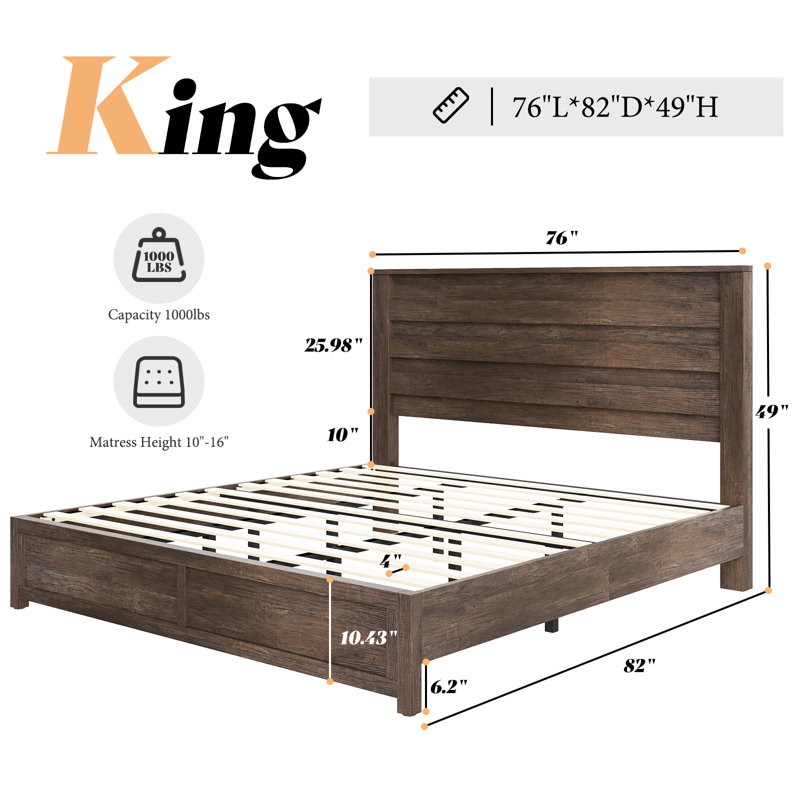  Louby 49" Farmhouse King Platform Bed, Gray, King, Gray