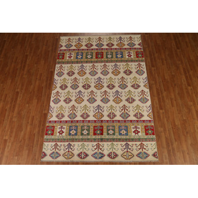 Tapis rectangulaire en laine noué à la main de conception unique 6 pi 7 po x 9 pi 6 po nouvel âge ivoire / rouge / vert