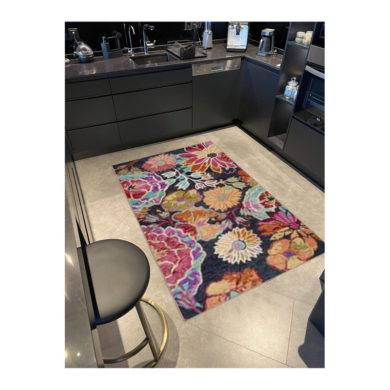 Multi Color Mixed Floral Rose Pattern Creative Modern Decorative Machine Washable Area Rug, Square 4'11"