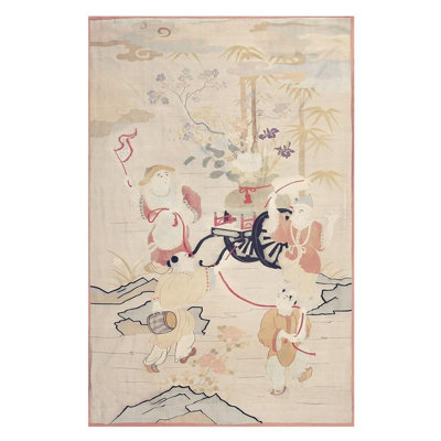 Tapis tissé à la main style japonais antique asiatique des années 1920 Kesi 5 pi 0 po x 9 pi 0 po