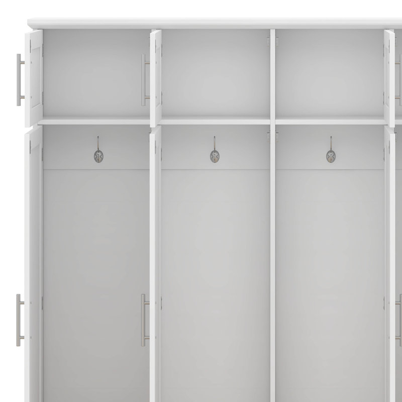 Farmhouse Hall Tree With 4 Hidden Hanging Hooks, Versatile Walnut Seating Bench With 8 Doors, Entryway Shoe Cabinet With Open Compartments