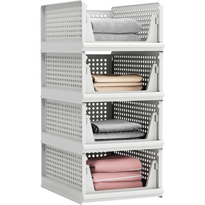 Stackable Plastic Storage Basket Closet Organizer Bin Foldable Clothes Organizer Storage Drawer Shelf Container For Living Room Bathroom Kitchen Office