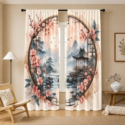 Rideaux de jardin japonais 2 pièces, tissu filtrant la lumière, impression d'aquarelle avec fleurs de cerisier et pagode, passe-tringle, pour le salon, la chambre à coucher, le balcon et la cuisine