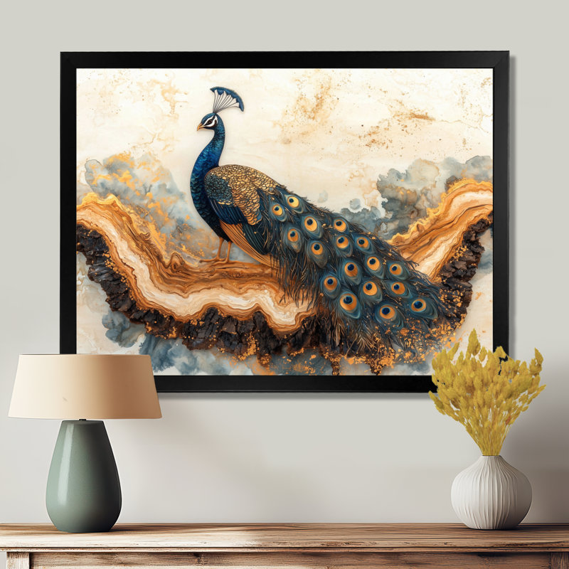 «Hannann Golden Aqua and Wood Peacock Landscape I», art mural paon, Reproduction encadrée d'une seule photo, Noir