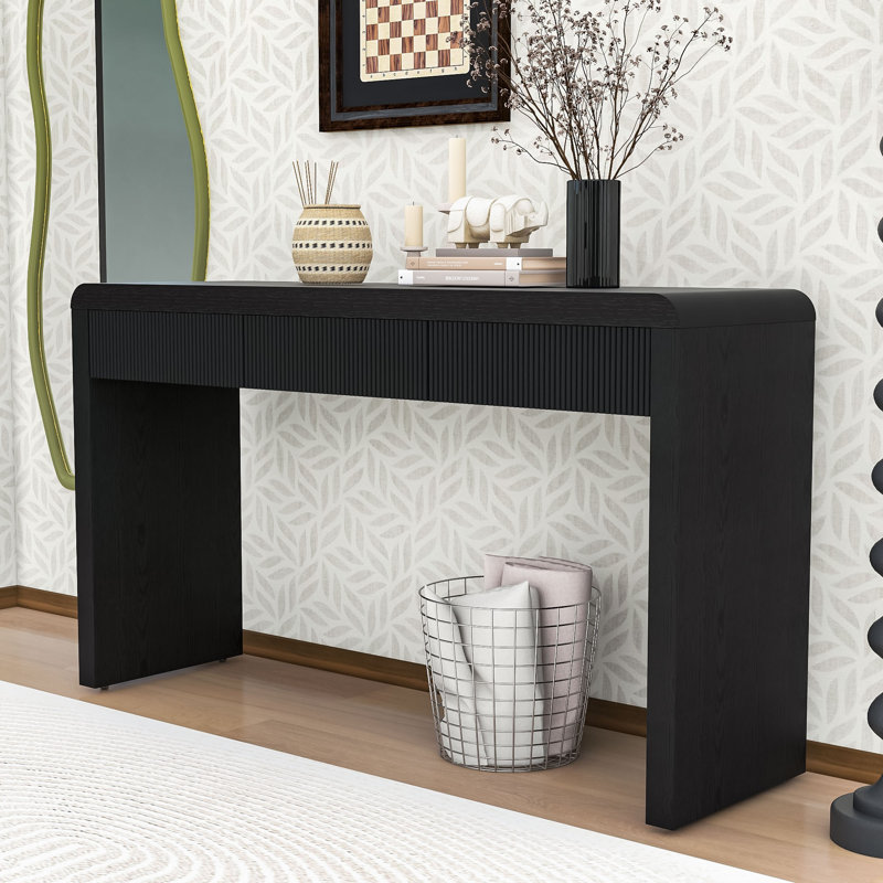 Console rustique en bois minimaliste avec tiroirs de rangement, pieds réglables et bords arrondis, Noir