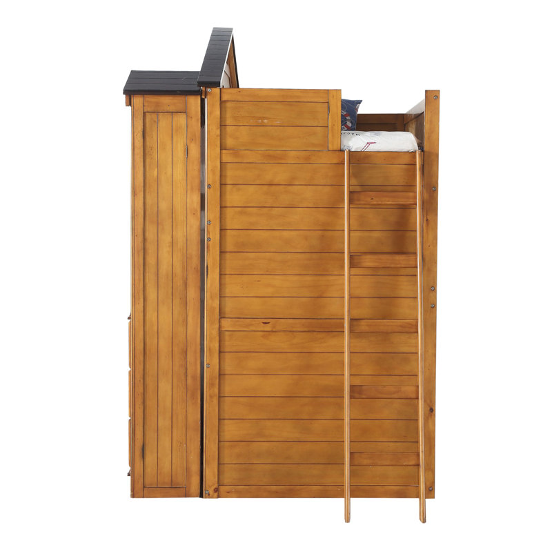 Rustic Oak Twin Loft Bed with Storage Drawers and Slats