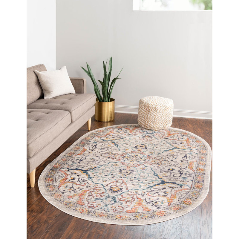 Tapis à motif floral ivoire / bleu marine / jaune / orange Alkire, Ovale 3 pi 11 po x 5 pi 11 po