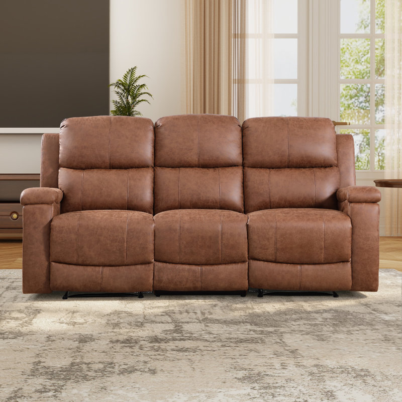 83.8'' Wide Classic Breatheable Faux Leather Manual Reclining Sofa,3-Seater Recliner Couch with Cupholders, Cognac