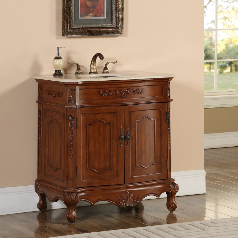 32'' Single Bathroom Vanity with Marble Top, Teak