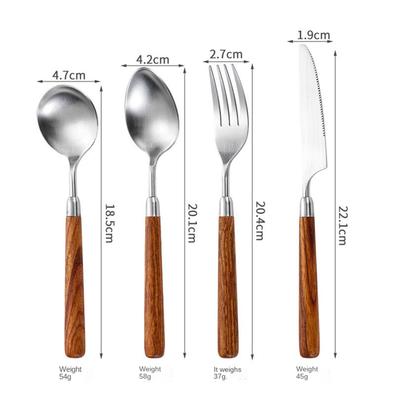 Ensemble de couverts en acier inoxydable avec poignées en noyer - finition satinée rétro, 4 pièces (couteau, fourchette, cuillère, cuillère à dessert)