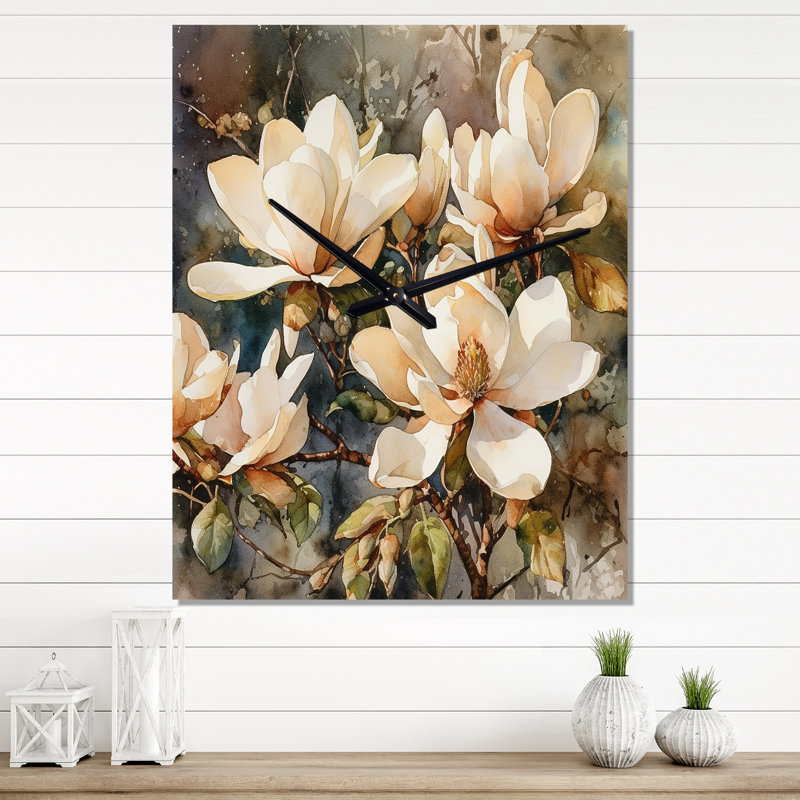 Très grandes horloges murales Jakaylee - Floral Magnolias, H 32 po x l 16 po x P 1 po