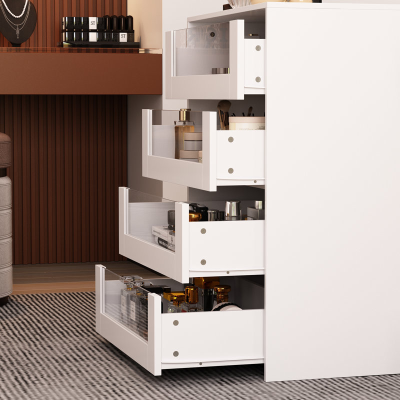 Commode à 8 tiroirs l 47,2 po avec plateau en verre trempé, tiroirs à accessoires en verre et tablettes ouvertes