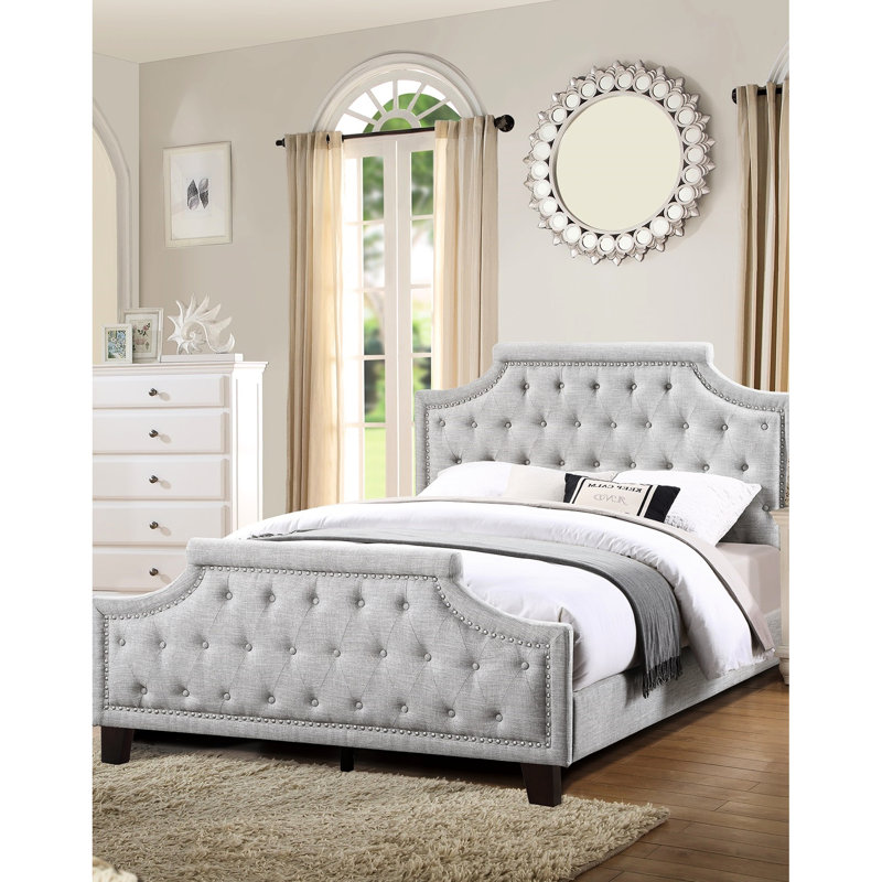 Grand lit gris en polyfibre grise avec tête de lit moderne et élégante, Gris, Grand lit