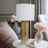 Dontate Glam Ceramic Table Lamp with Textured Gold Finish - 25" Stoneware Base with White Linen Shade for Home, Office, Bedroom, Living Room