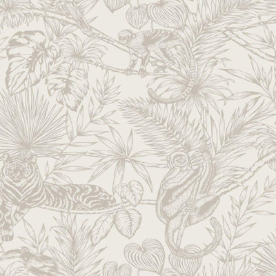 Minghui Tropical Off-White Silver Floral Glitter Parrot Tiger Monkey Jungle Wallpaper 10m x 53cm Roll