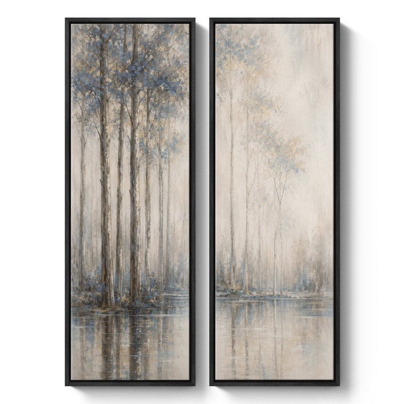 Forêt de bouleaux bleu et or avec reflets dans l'eau – Ensemble de 2 impressions d'art encadrées sur toile 60 po x 20 po x 2