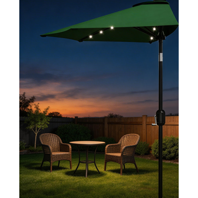 Demi-parasol de patio extérieur de 9 pi avec lumières à DEL et manivelle lisse, Vert