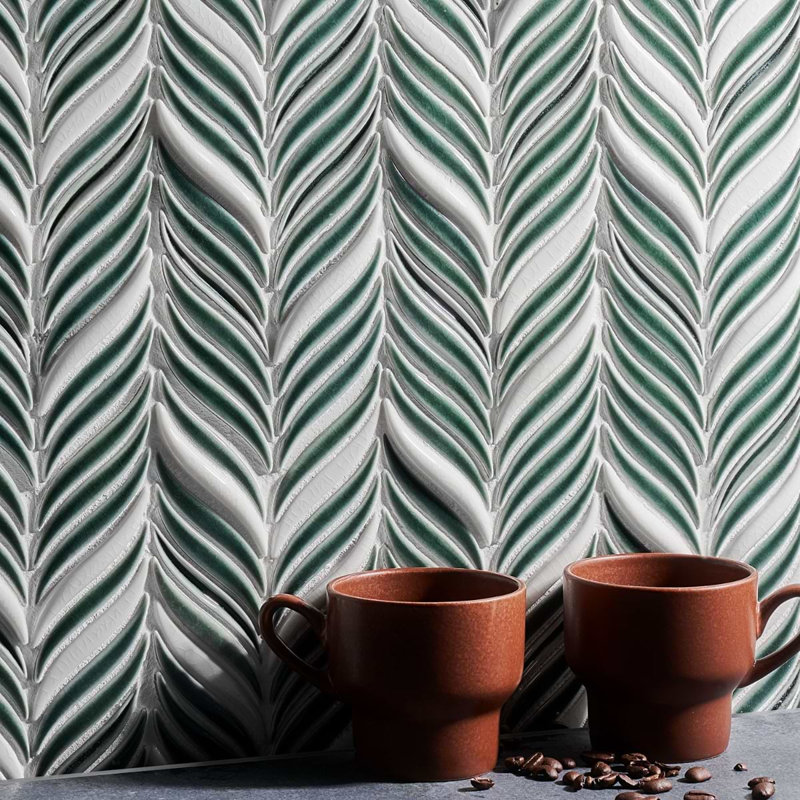 Nabi Alula Chevron Crackled Glossy Glass Mosaic Tile, Deep Emerald Green