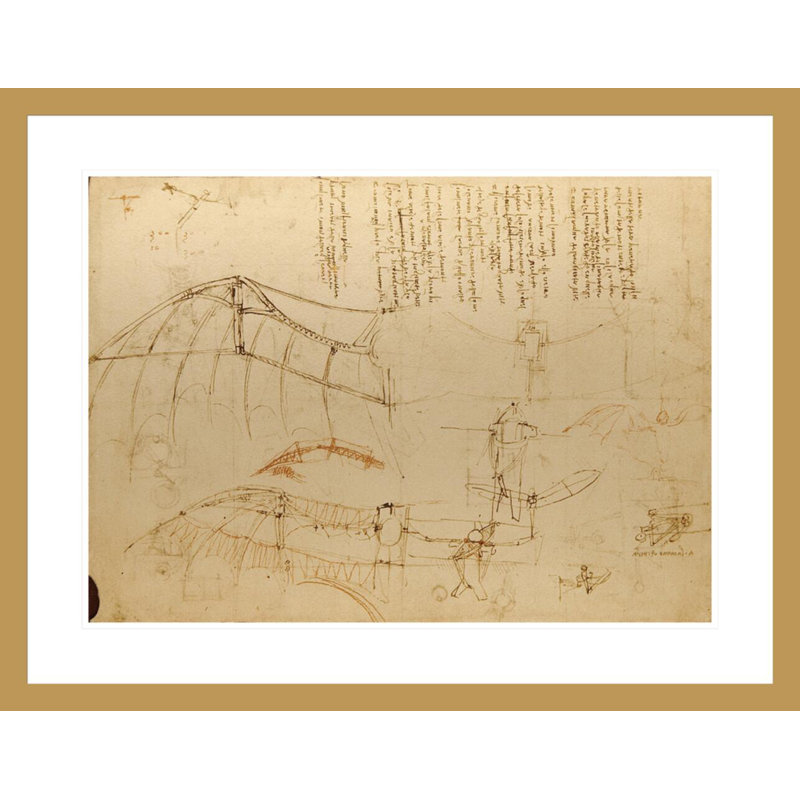 Dessin d'une machine volante avec des ailes qui battent par Leonardo Da Vinci - Impression Giclée sur cadre