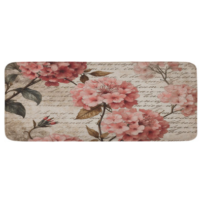 Raegan Kitchen Mat, Romantic Pink Hydrangea Flowers Illustration With Vintage Style Writing Background, Plush Decorative Large Mat With Non Slip Backing, 47" X 19"