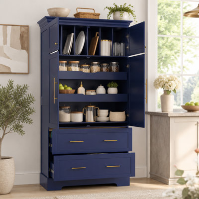 Garde-manger autoportant de 40 po x 18 po x 72,6 po Farmhouse, armoire de rangement de salle à manger 4 portes avec plateaux coulissants, tiroirs et rangement pour moules à gâteaux