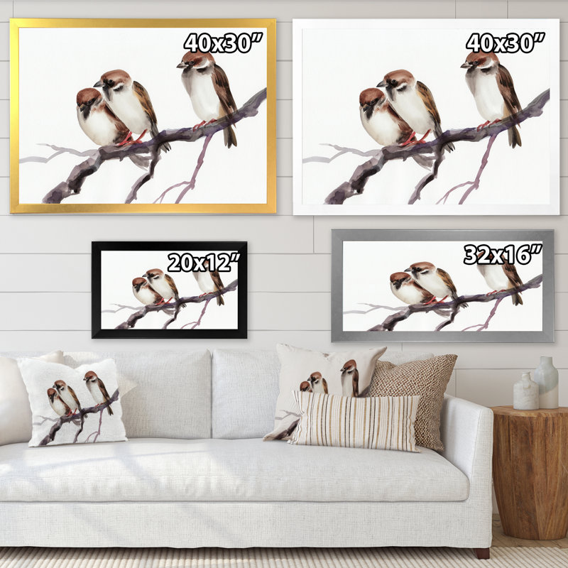Trois moineaux sur une branche - peinture sur toile, Toile blanche avec cadre d'angle fermé, H 34 po x l 44 po