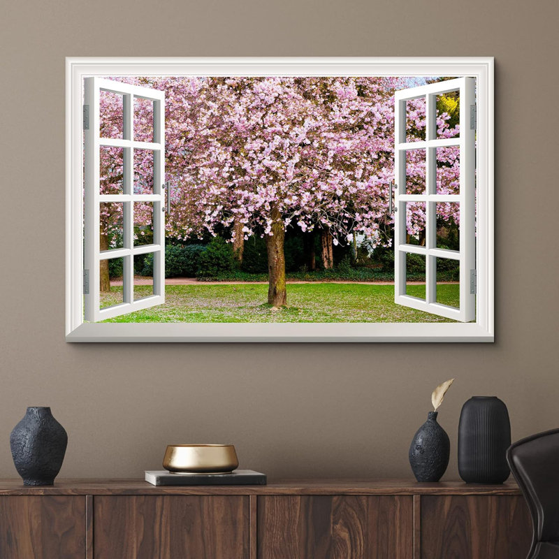 Fenêtre, paysage, fleurs de sakura en fleurs au printemps - impression sur toile tendue, H 12 po x l 18 po