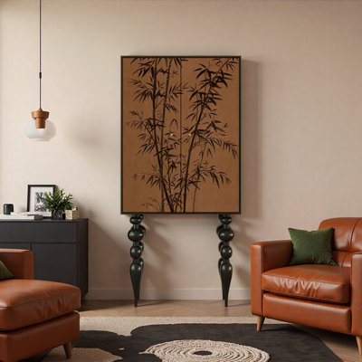 Solid Wood High Leg Cabinet with Ink Bamboo Design