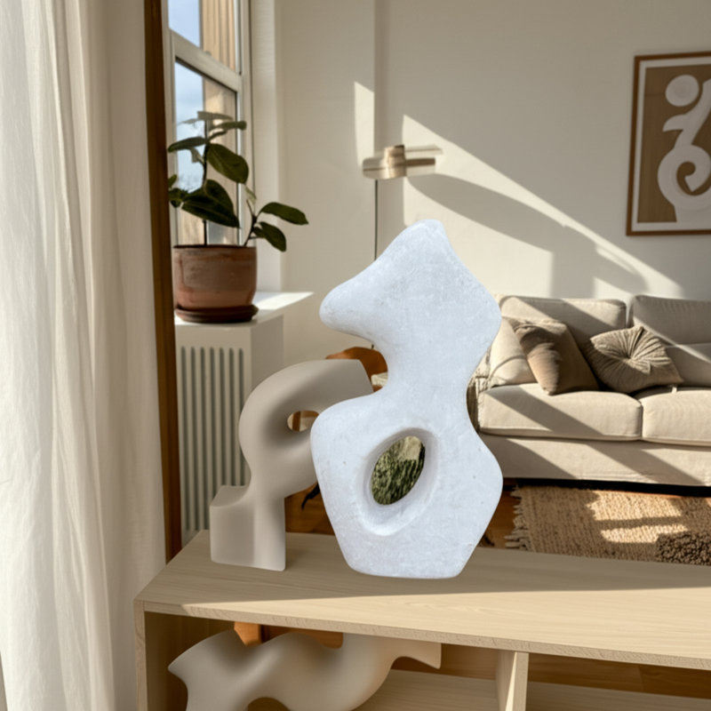 Abstract Pottery Paper Mache Modern Sculpture With Curved Silhouette And Contemporary Artistic Design, White
