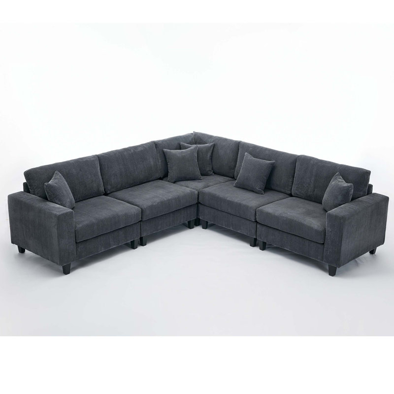 Ensemble de canapé modulaire surdimensionné surdimensionné, canapé en L, velours côtelé, rembourré, assise profonde, 5 places, 5 coussins décoratifs et 6 coussins de dossier, salon, appartement