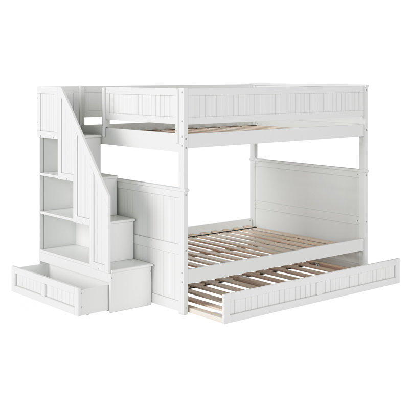Keaire Staircase Bunk Bed with Storage Drawer and Twin Trundle, Full Over Full, White
