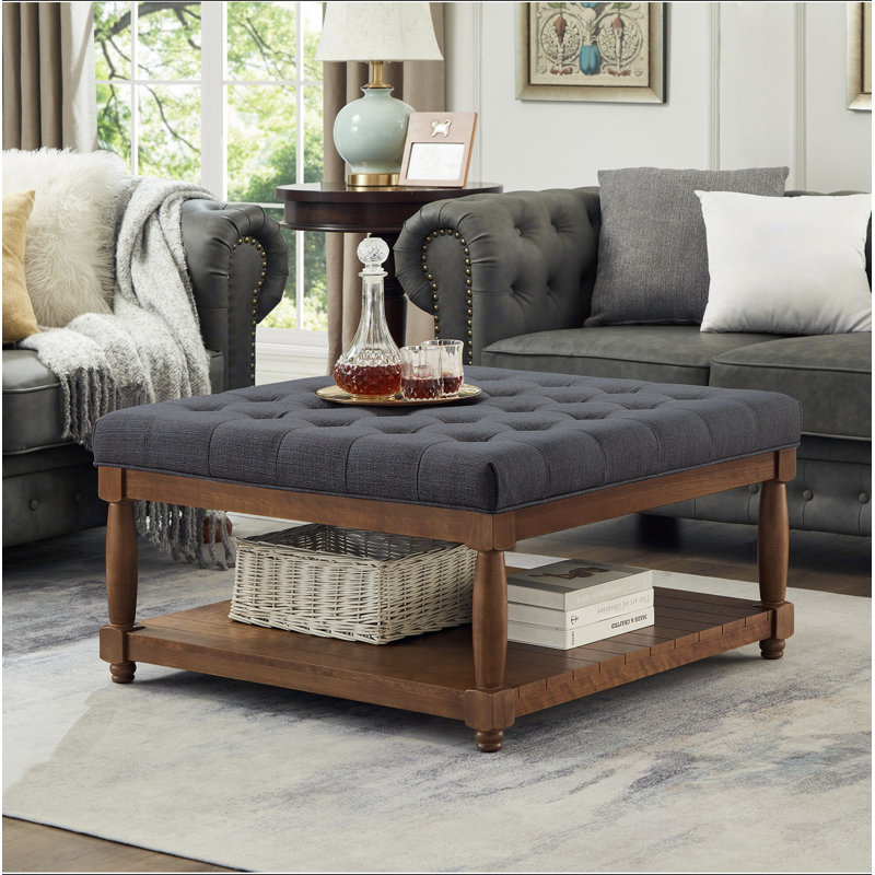 Grande table basse carrée avec repose-pieds en lin capitonné et grand repose-pieds avec tablette en bois massif - gris anthracite