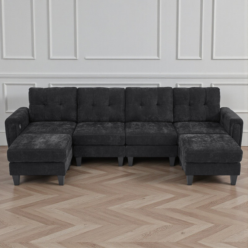 Chenille Upholstered Modular Sectional Sofa With Side Table, USB Ports & Ottomans – Tufted Back, Black Chenille
