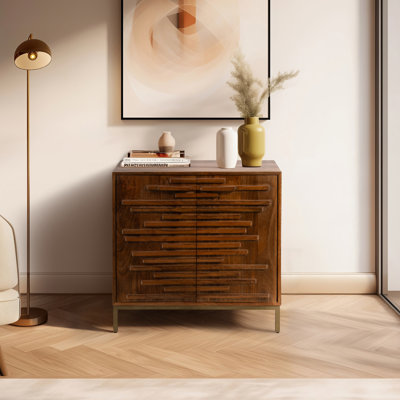 Modern Neutral Midcentury Slat 2 Door Cabinet, Mango Wood, Brown, Rectangle by Everly Quinn