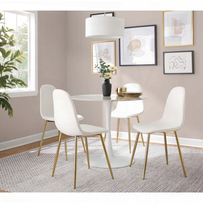 Table moderne - Piédestal en métal blanc avec plateau en placage de marbre blanc, Blanc